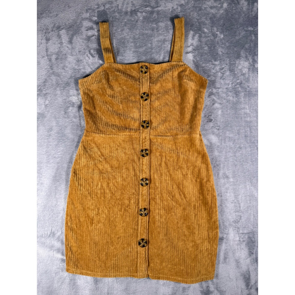 No Boundaries Womens Camel Brown Corduroy Button Front Mini Jumper Dress Large